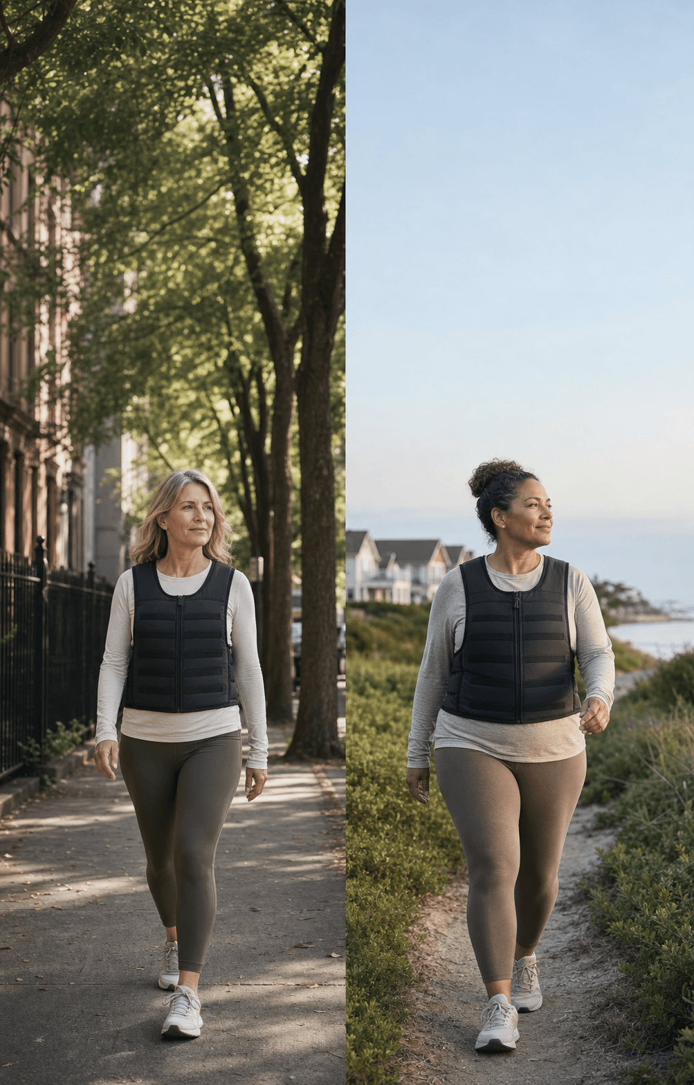 Two women in different neighborhoods take comfortable weighted walks.