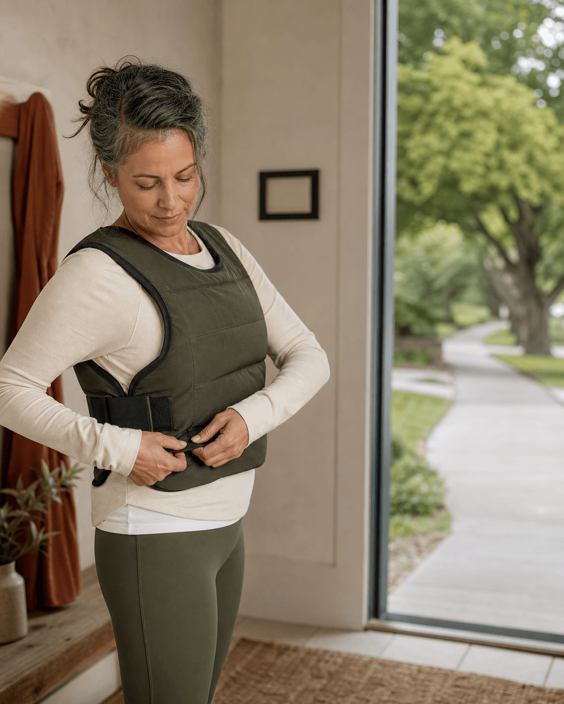 A woman comfortably adjusts the side strap of a weighted vest before a walk.